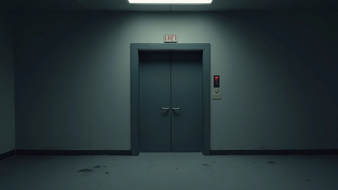 Illustration: an old elevator with its doors half open in a dim building corridor.