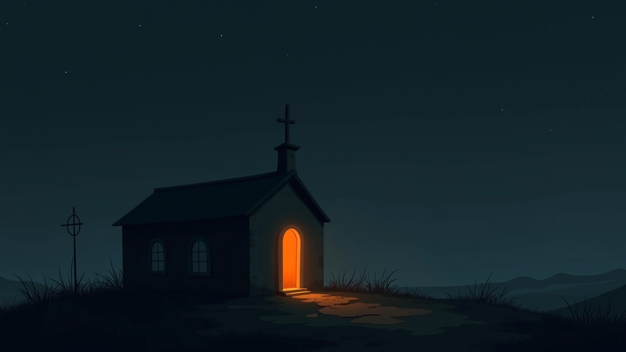 Illustration: a small church exterior with a stone cross.