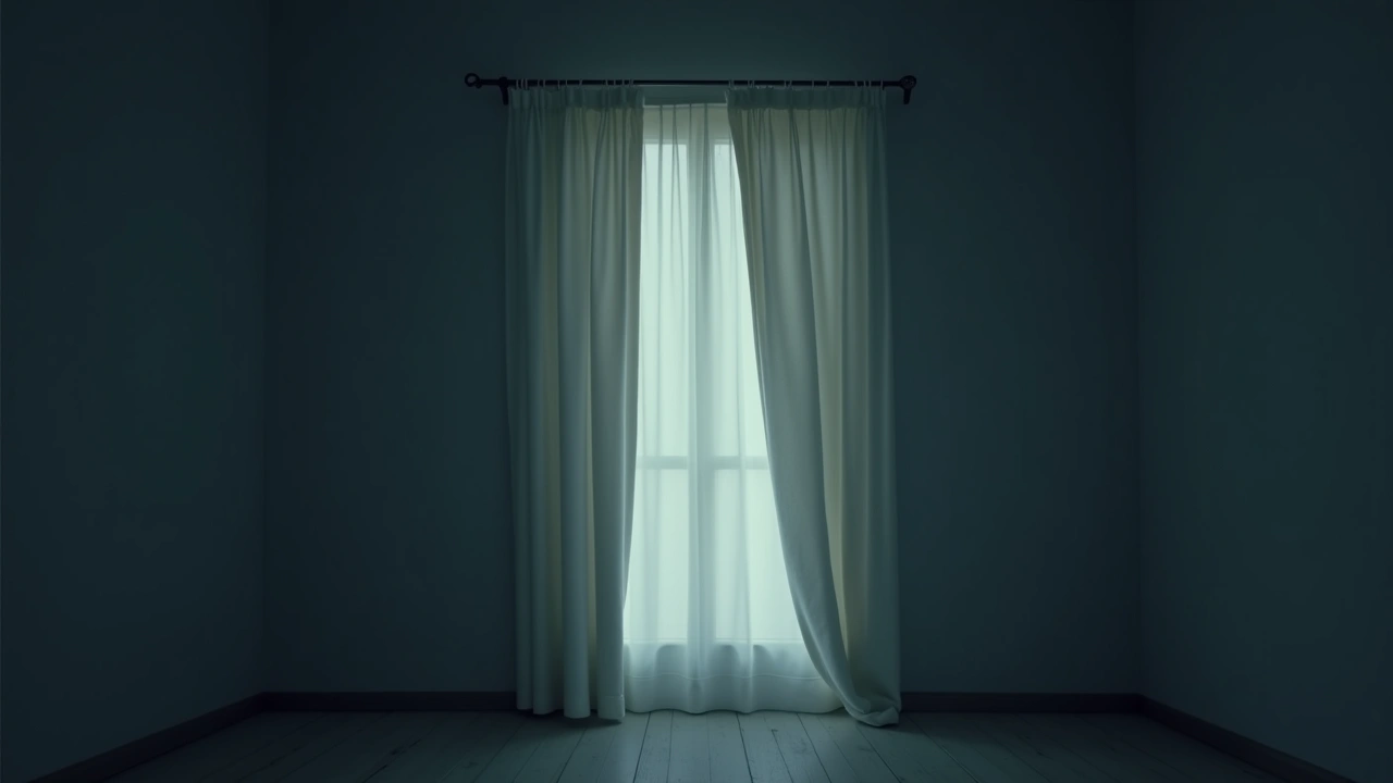 Illustration: a curtain hanging in a dim room, softly lit from behind.