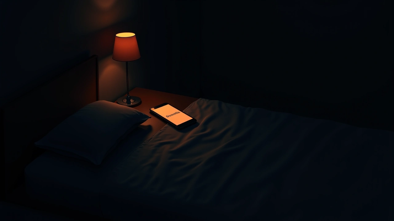 Illustration: a phone glowing softly on a nightstand in a dark bedroom, its screen displaying a repeated word.
