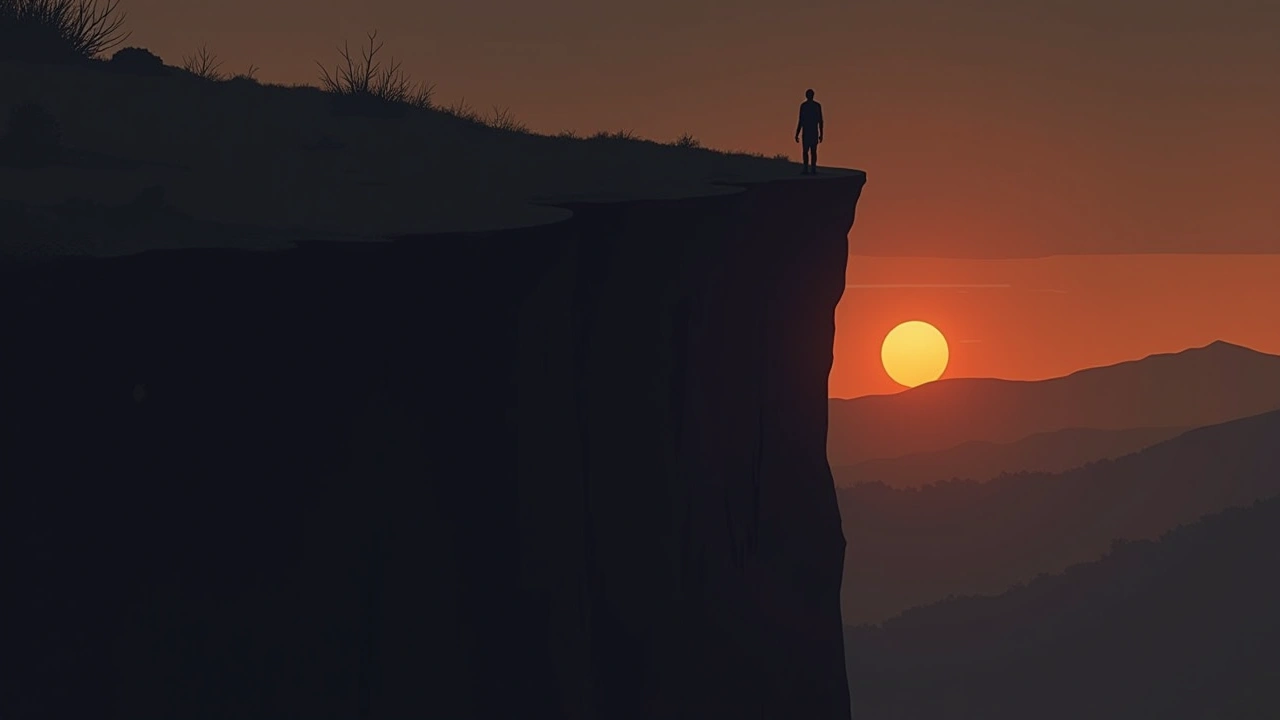 Illustration: a steep cliff edge under a darkening sky.