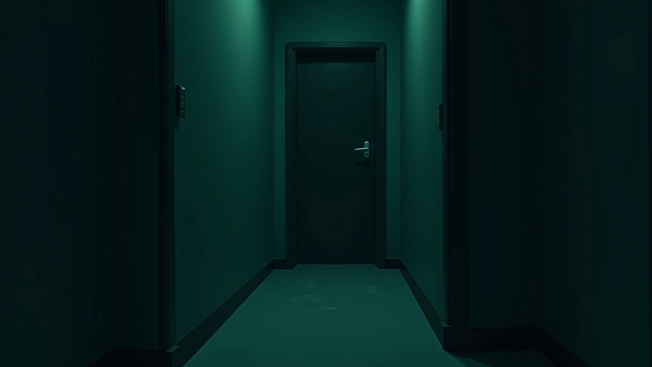 Illustration: A dark bathroom doorway glimpsed from a dim hallway at night.