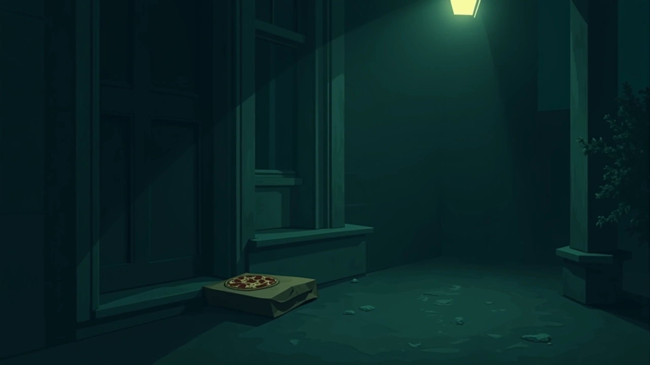 Illustration: a pizza delivery bag left on a porch step at night, porch light glowing.