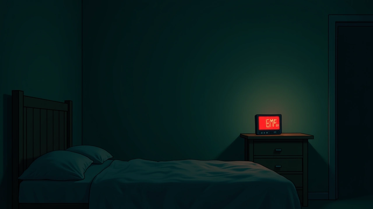 Illustration: A dim bedroom at night with an EMF meter glowing red on the nightstand.