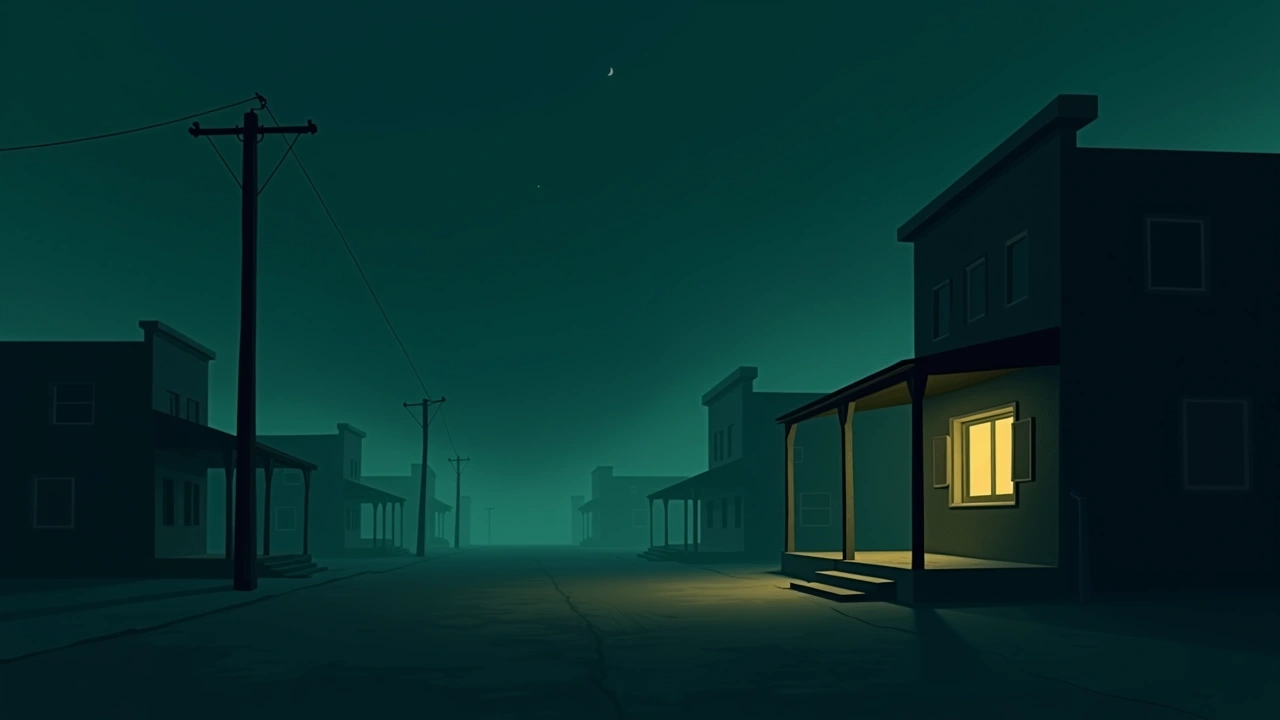 Illustration: an old western ghost-town street at night, a lone television glowing in a nearby window.