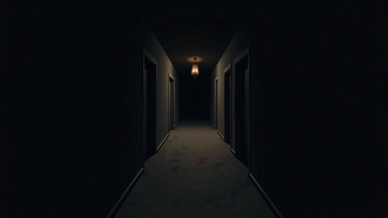 Illustration: a dim, empty hallway in an old abandoned hotel.