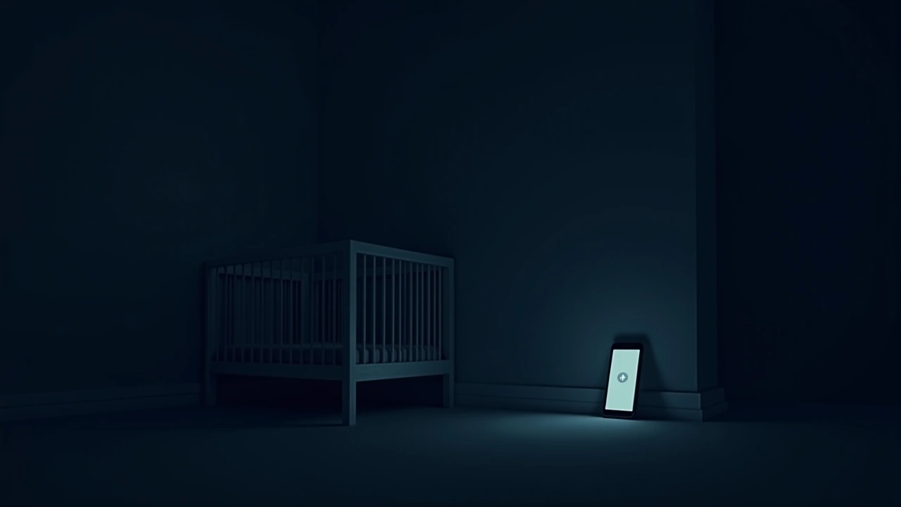 Illustration: A phone glowing softly beside a crib in a dim nursery.