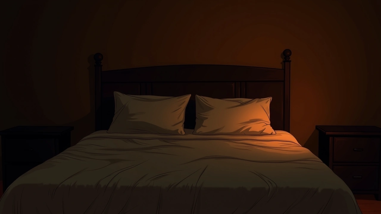 Illustration: rumpled bedcovers in a dim bedroom at night, shadows gathered near the headboard.