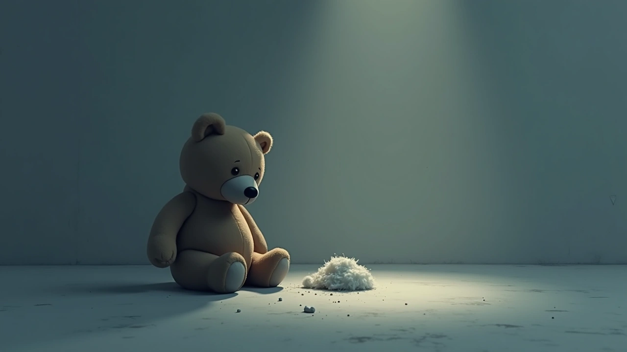 Illustration: a teddy bear with its stuffing removed, sitting alone in dim light.