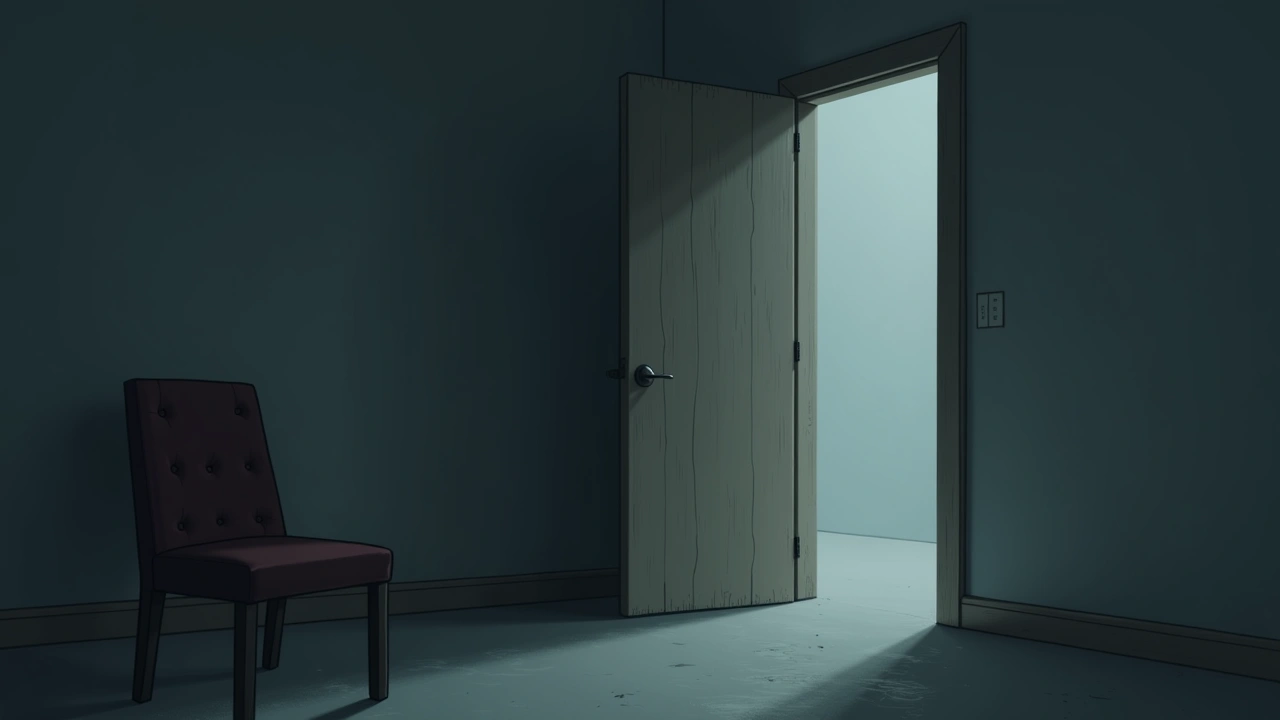 Illustration: A closed wooden door in a dimly lit room, seen from a nearby chair.
