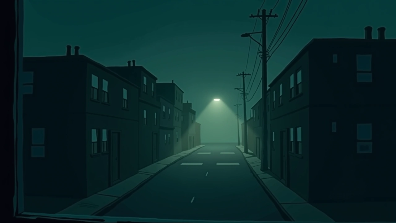 Illustration: an empty street at four in the morning seen from an upstairs window.