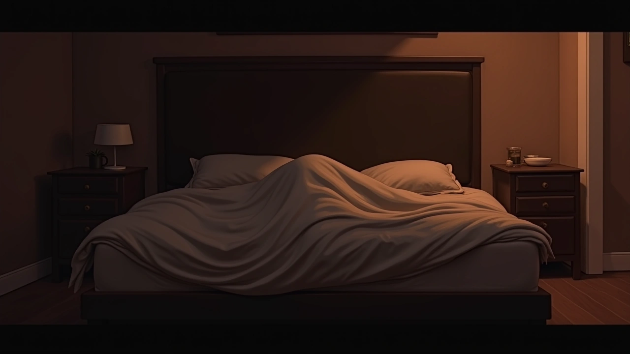 Illustration: A thick duvet rumpled on a bed in a dim room.