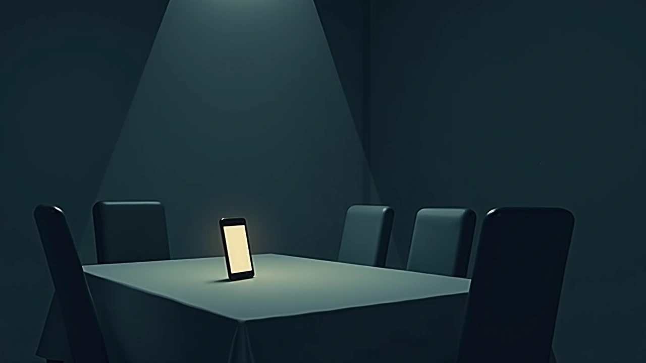 Illustration: A dining room table at night, a phone glowing on its surface.