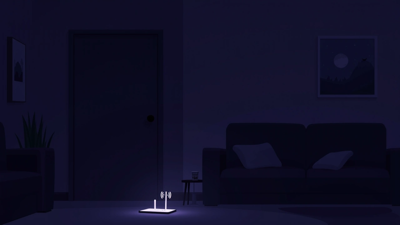 Illustration: a dim living room at night, a phone glowing on a table with signal bars flickering.