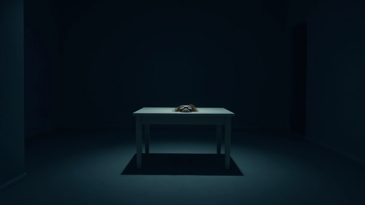 Illustration: A strange handmade mask tucked beneath a table in a dim room.