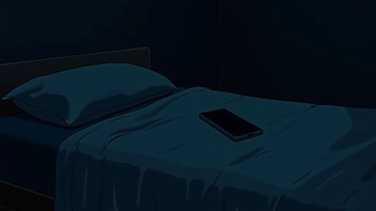 Illustration: a soft shawl folded on a bed with a phone resting on it, dim room.