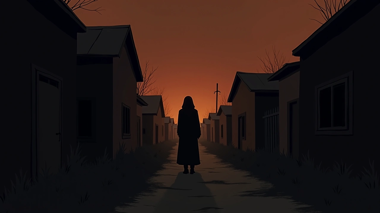Illustration: a dark yard at night, a path leading into the shadows.