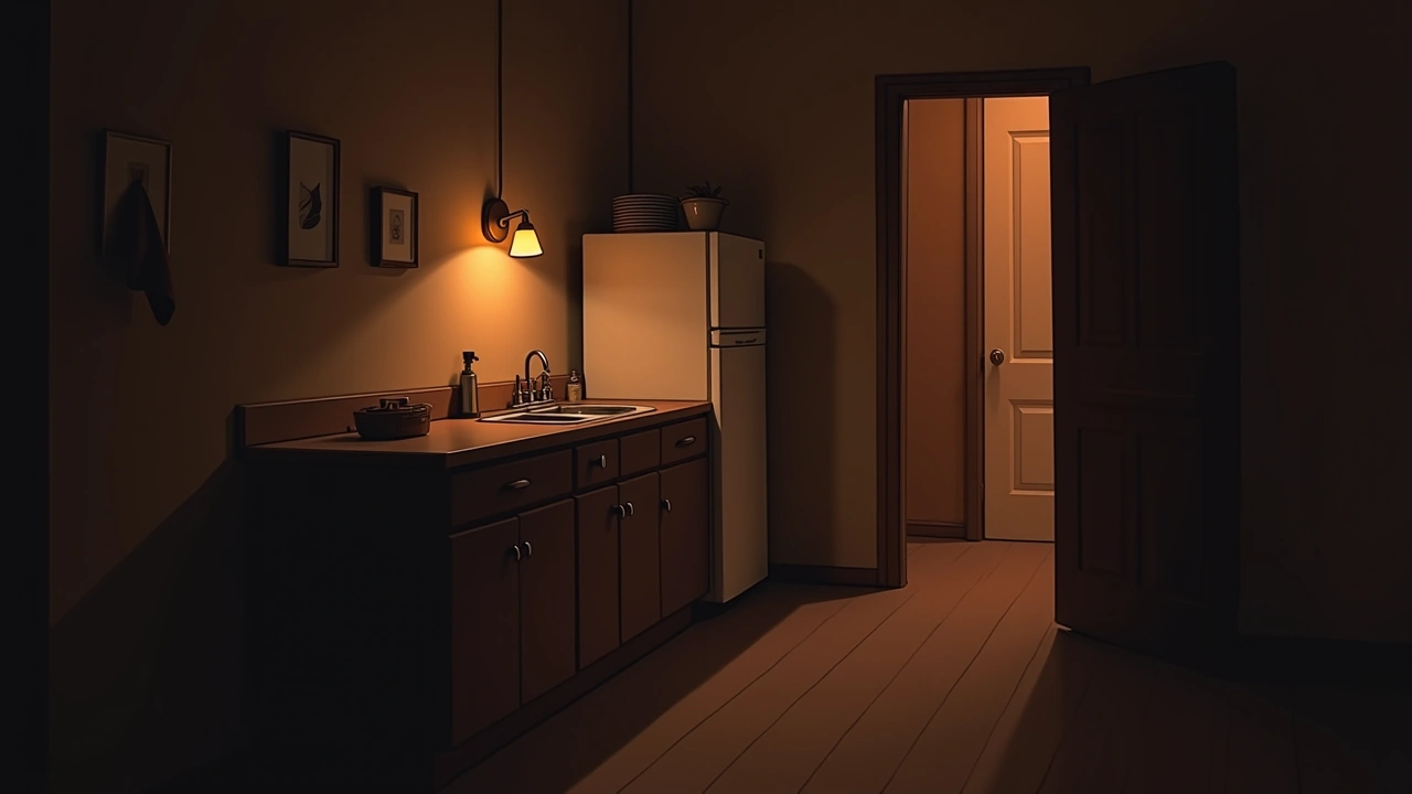 Illustration: a home kitchen at night, dim and quiet.