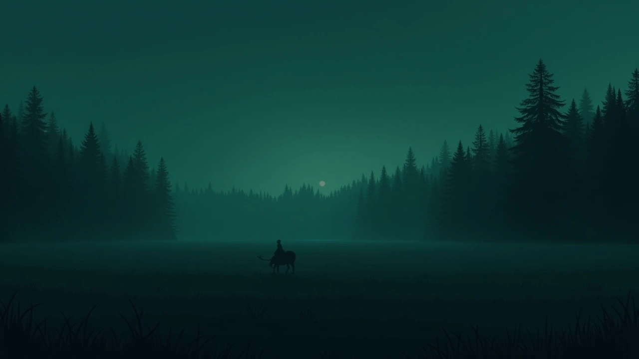 Illustration: a wide field at dusk with dark woods at the far edge.