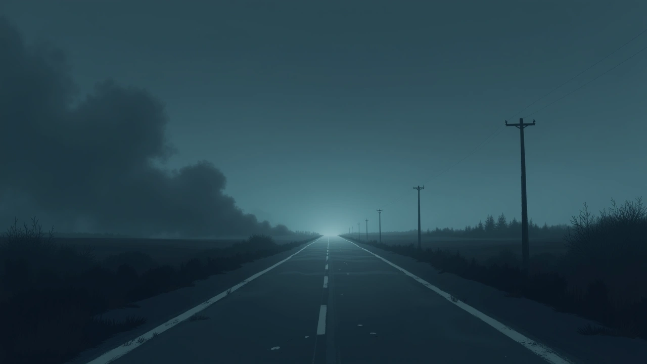 Illustration: A stretch of roadside at dusk with smoke rising near the shoulder.