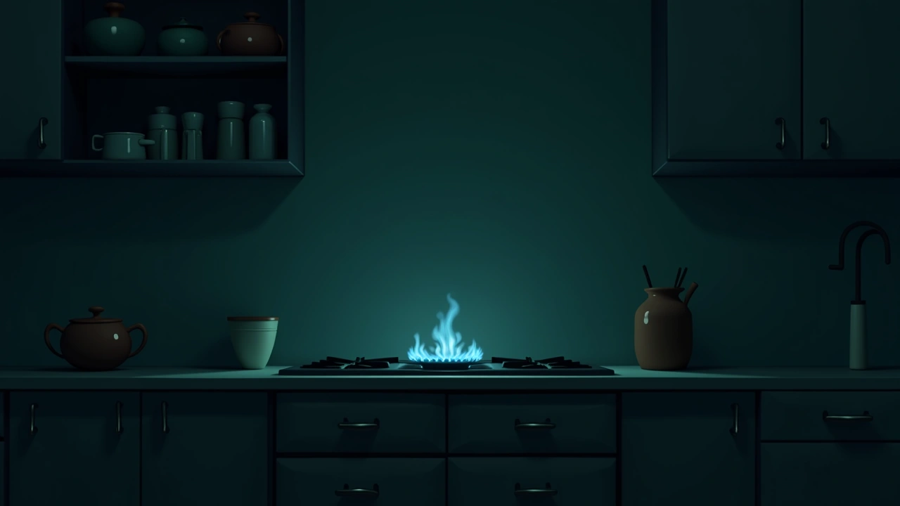 Illustration: a dim kitchen at night with a blue gas flame burning on the stove.