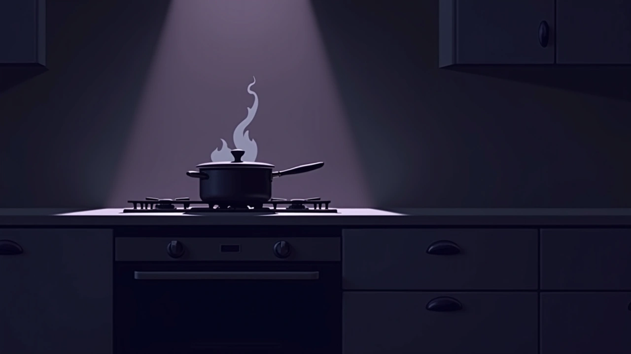 Illustration: a scorched pot on a gas stove in a dim kitchen, thin smoke rising.