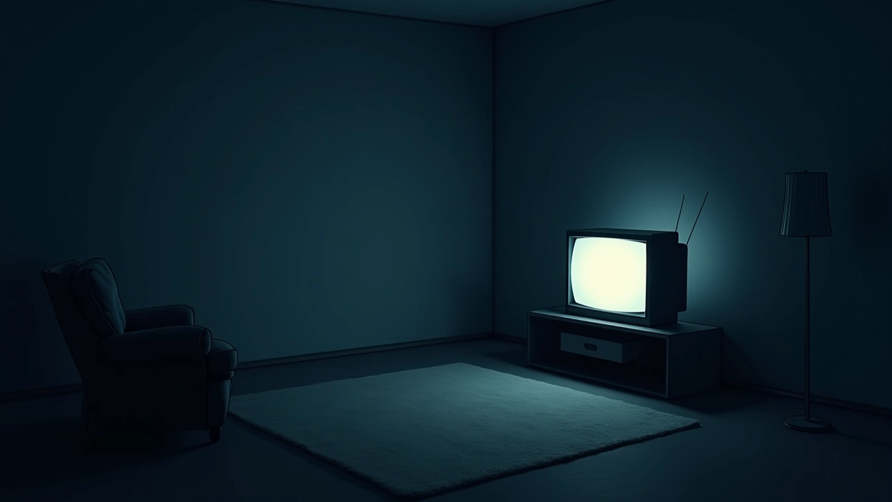 Illustration: a television glowing in a dim living room at night.