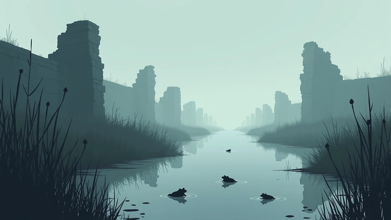 Illustration: shallow water at the edge of ancient stone ruins, tiny frogs among the reeds.