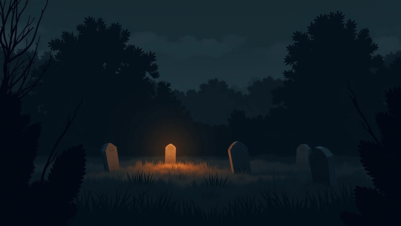 Illustration: an empty backyard at dusk, faint traces of old grave markers in the grass.