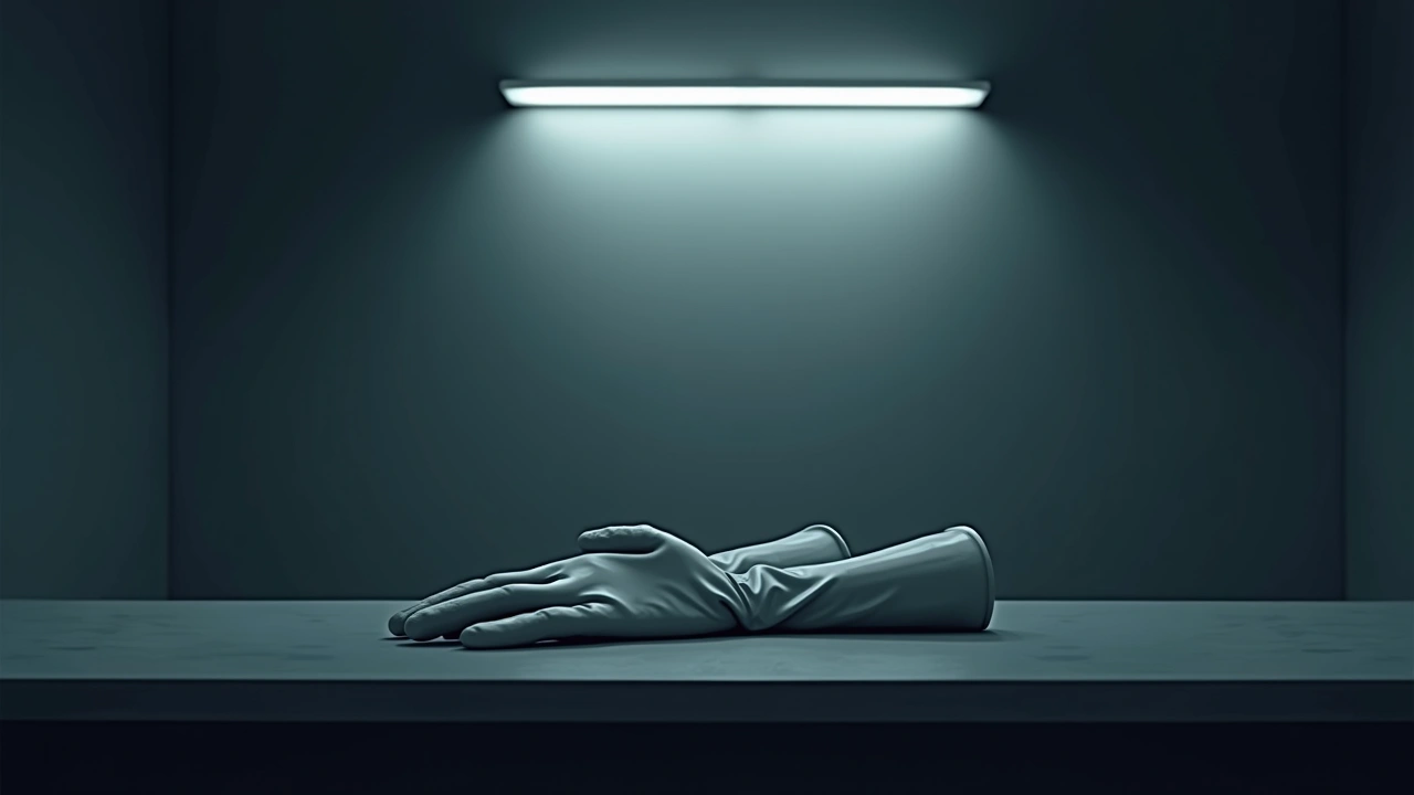 Illustration: a pair of latex gloves resting on a security desk under fluorescent light.