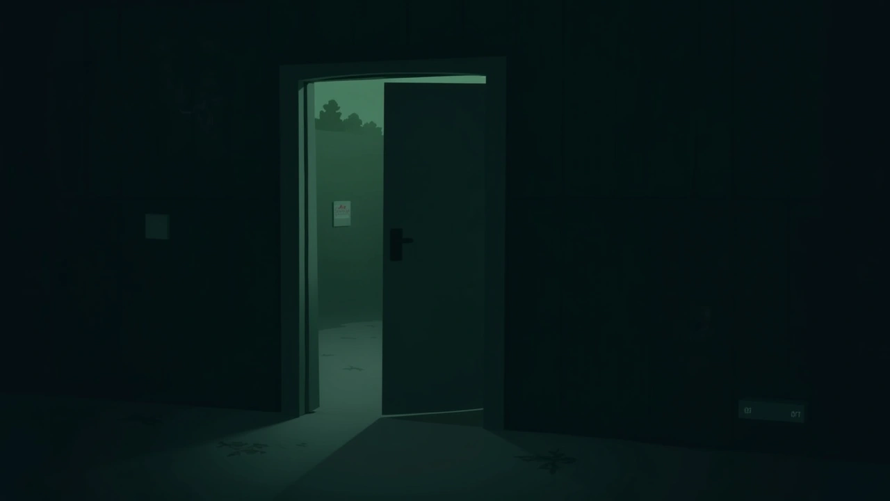 Illustration: a front door opening onto a dark porch at night.