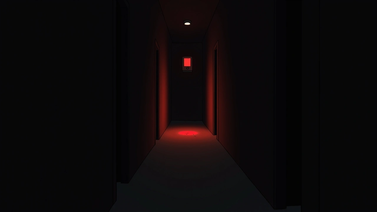Illustration: a dark hallway glowing red, an ominous warning lit up on a phone screen.