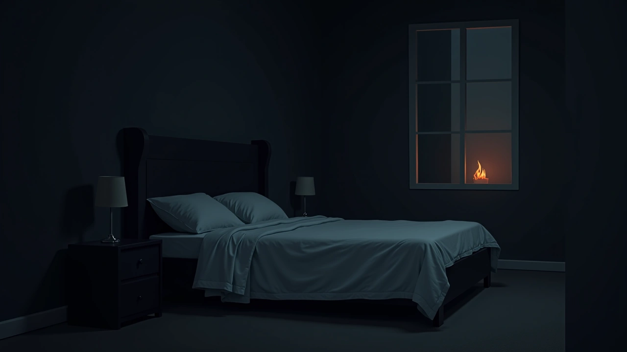 Illustration: a neatly made bed in a quiet, dim bedroom.