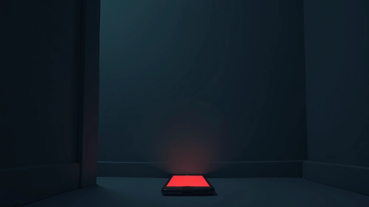 Illustration: a softly glowing red phone screen in a dark room.