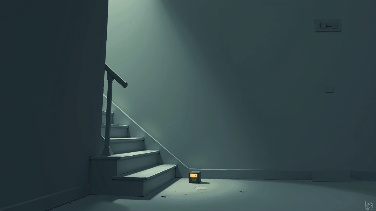 Illustration: a staircase leading to a second floor, a small EMF meter glowing on a step.