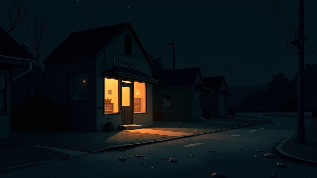 Illustration: a stone-strewn street at dusk outside a small corner shop.