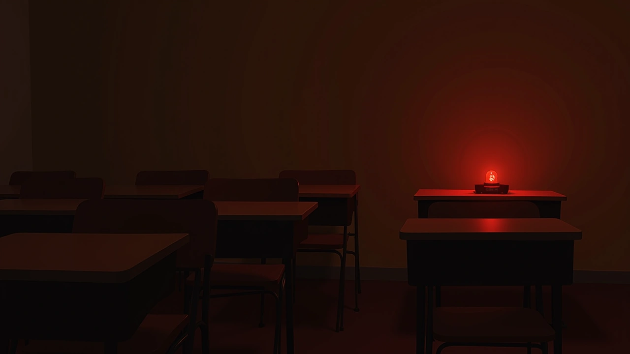 Illustration: a classroom desk with a small device glowing red among rows of empty seats.