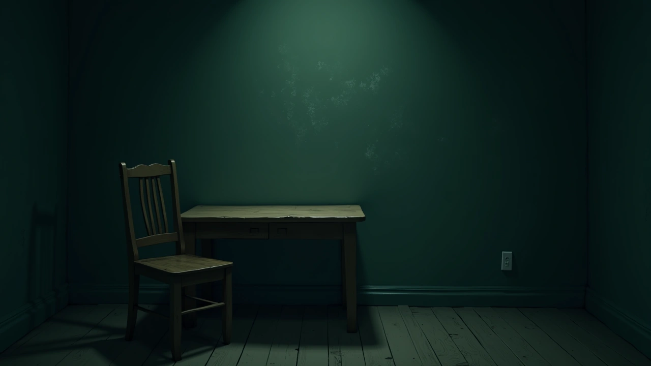 Illustration: an empty wooden chair beside a worn table in a quiet, dimly lit room.
