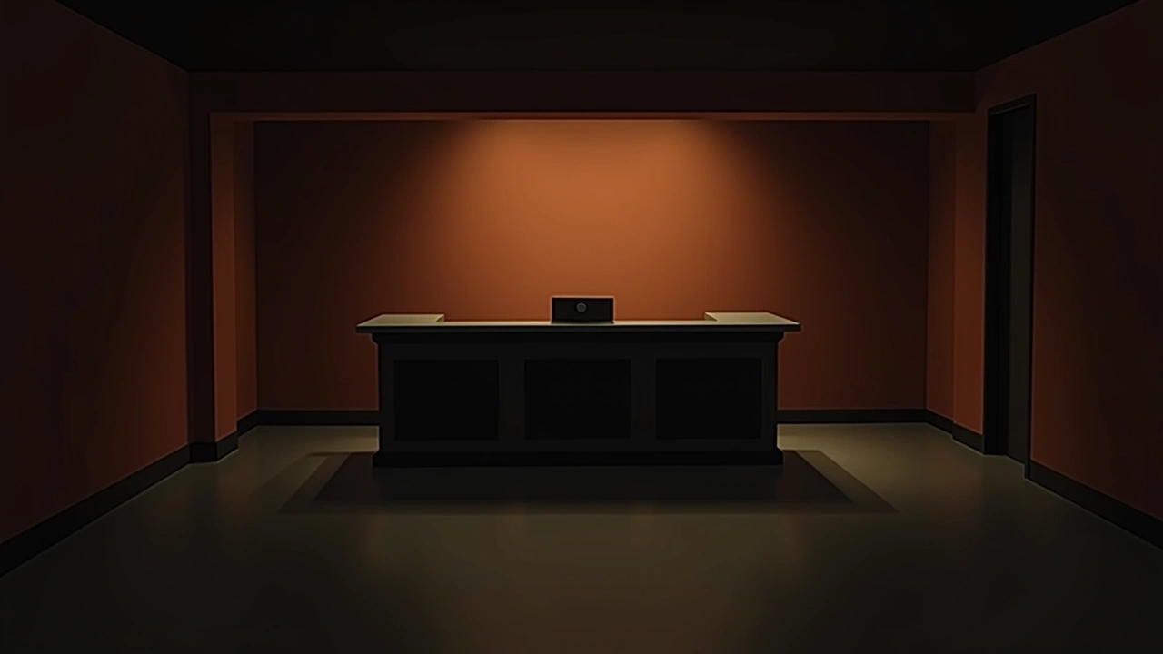 Illustration: a dim hotel lobby front desk at night.