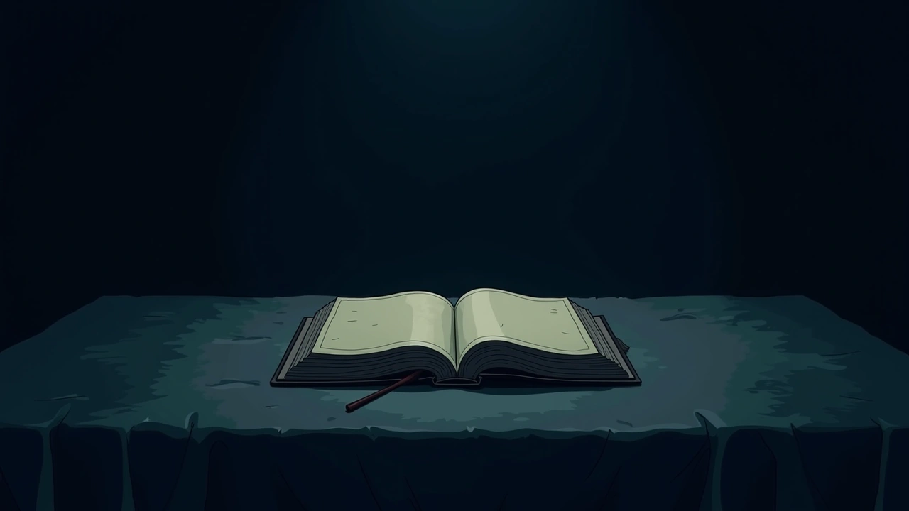 Illustration: a worn prayer book lying open on a table in low lamplight.