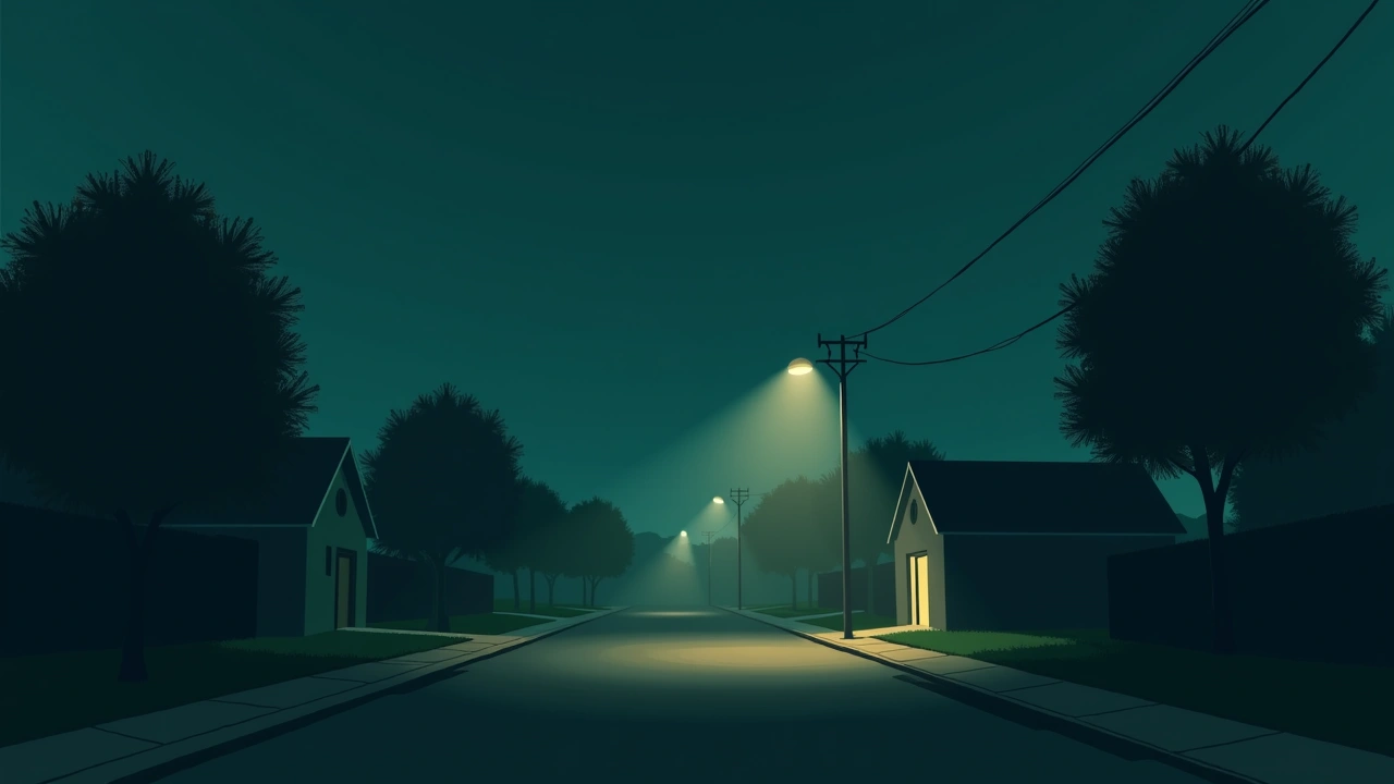 Illustration: A quiet suburban street at dusk, one house glowing faintly under a streetlight.
