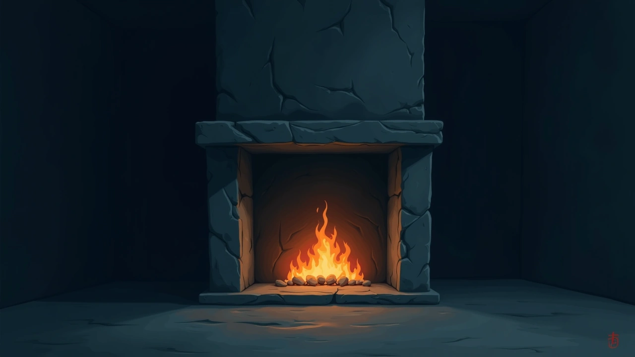 Illustration: a stone fireplace glowing with embers in a dim room.