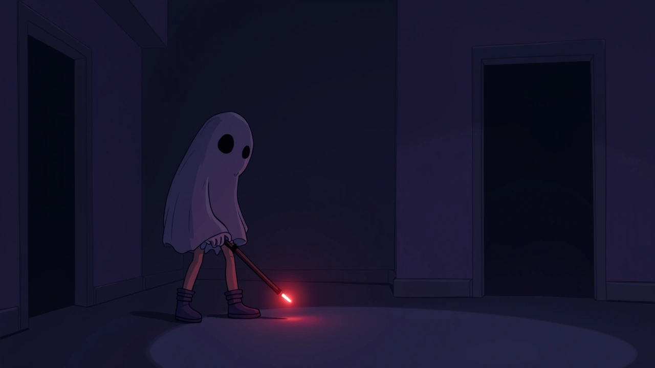 Illustration: a dim room during a nighttime ghost hunt, a small handheld device glowing red.