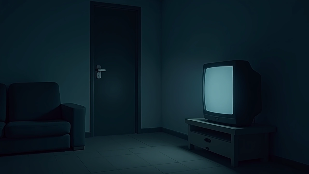 Illustration: a dark, quiet living room with a switched-off television and a glowing phone screen.