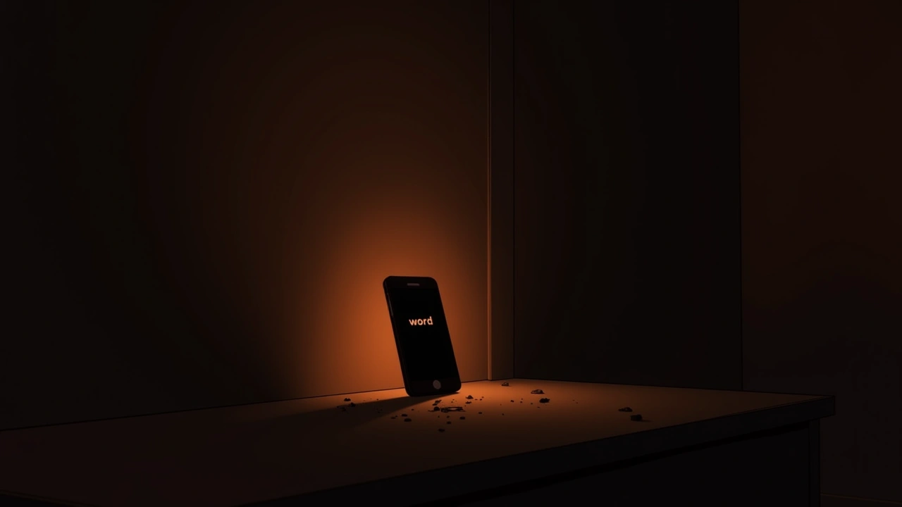 Illustration: a phone glowing in a dim room at night, its screen displaying a single word.
