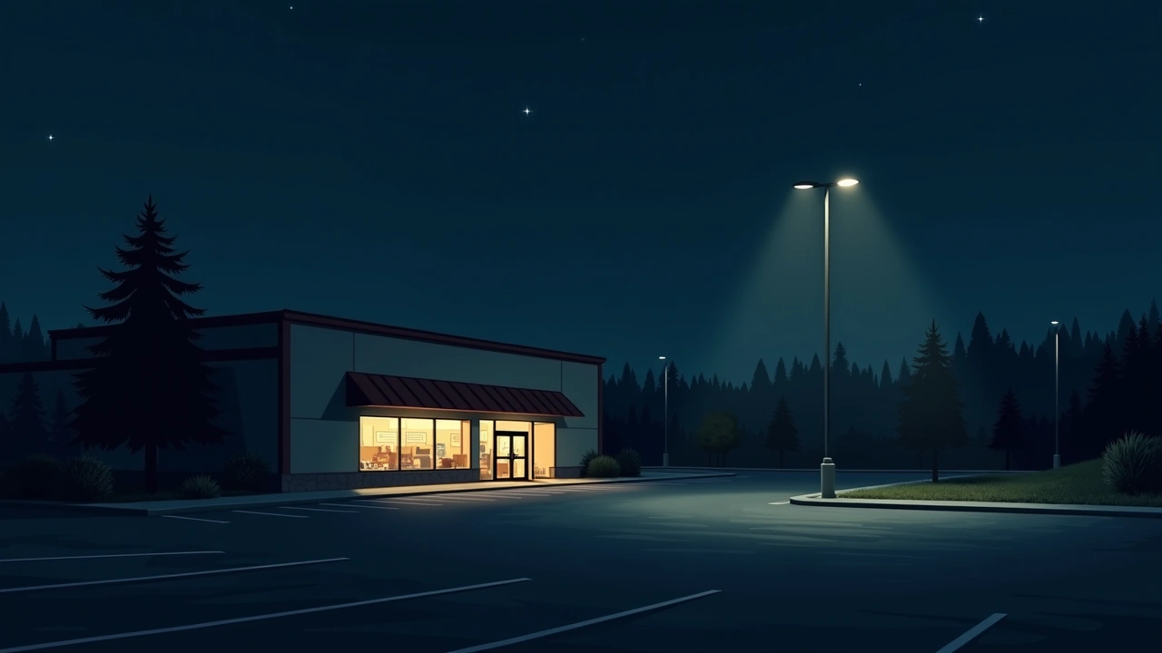 Illustration: a quiet store parking lot at dusk during a work break.