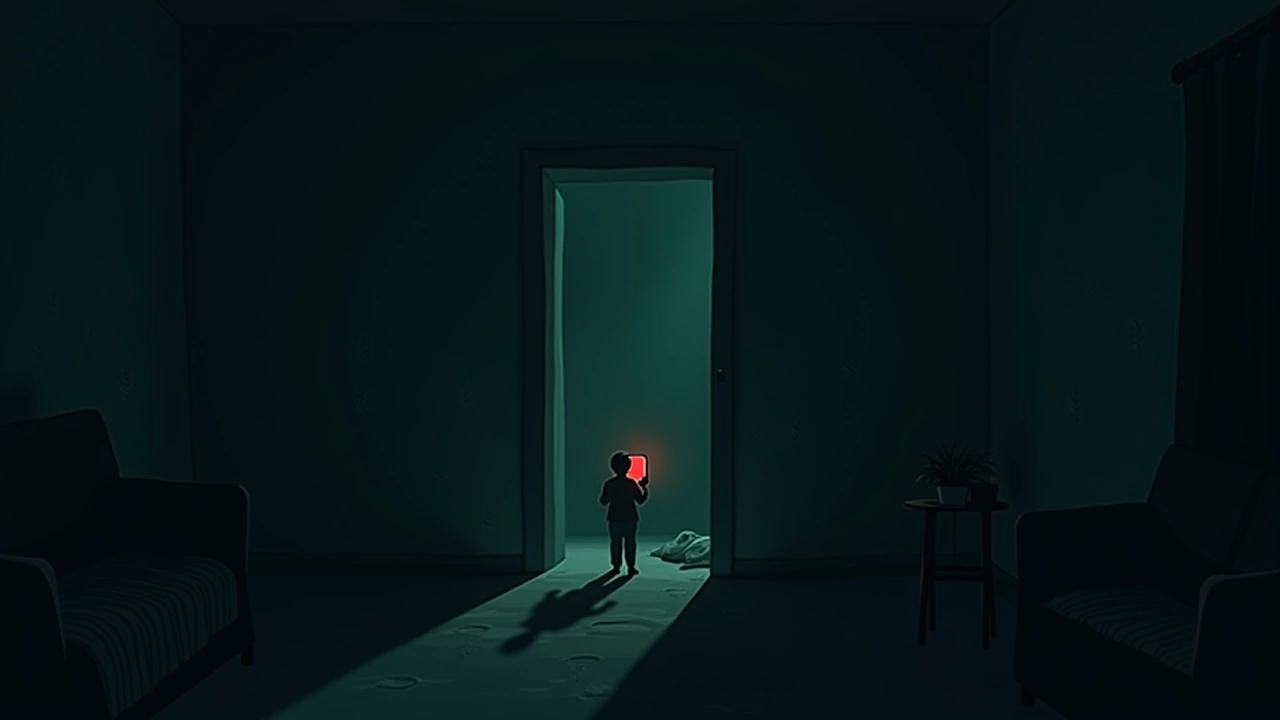Illustration: a dim living room at night with a phone screen glowing bright red.