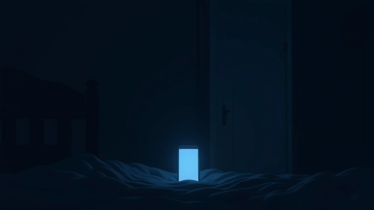 Illustration: a phone screen glowing alone in a dark bedroom at night.