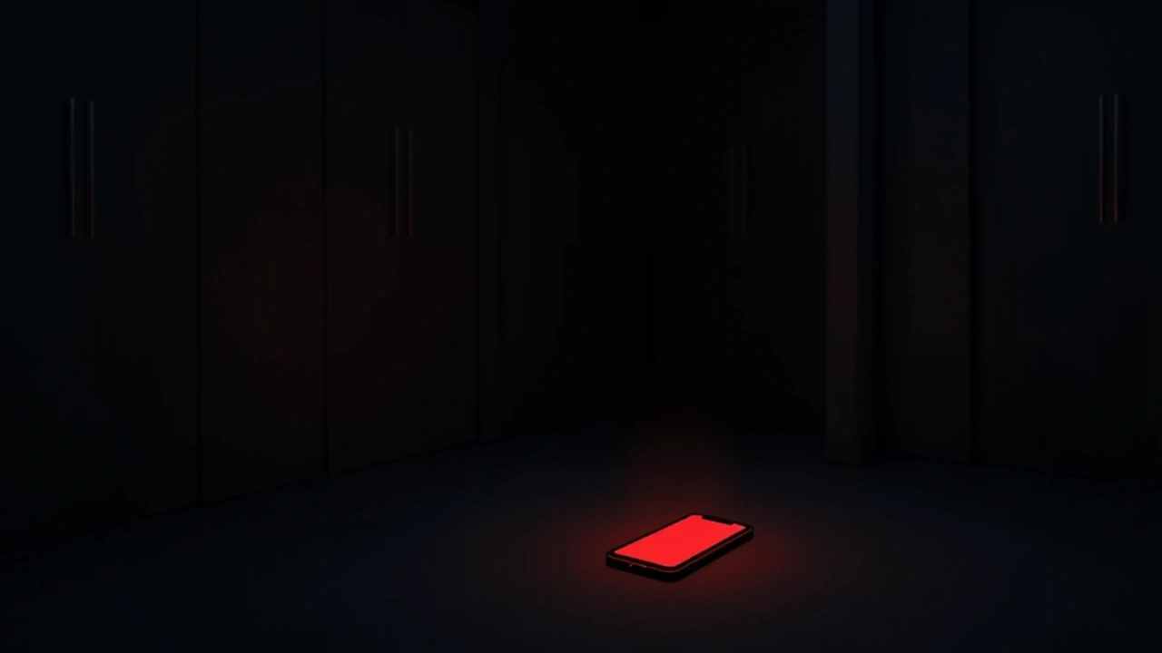 Illustration: a phone screen glowing red in a dark room on Halloween night.