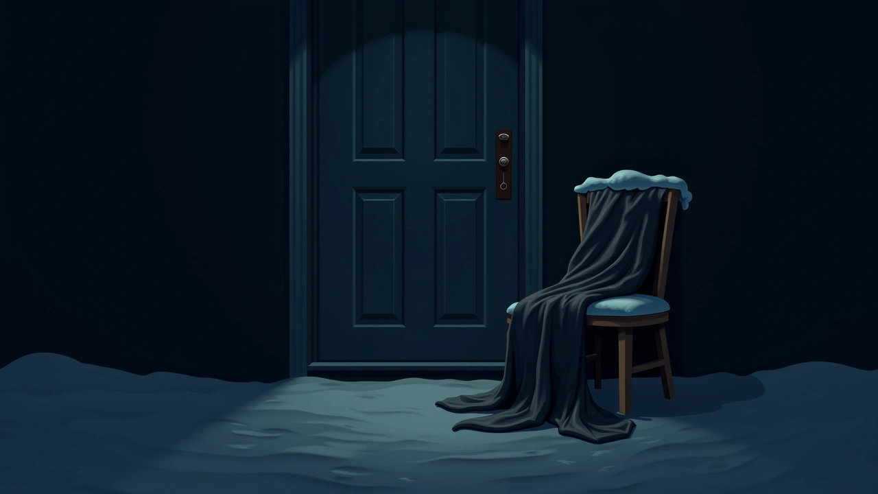 Illustration: a winter jacket draped over a chair by a front door.